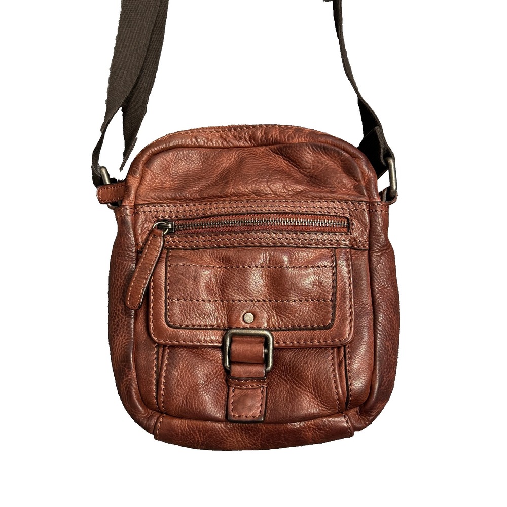 Boho Genuine Leather Brown Crossbody Bag with Canvas Adjustable Strap Handbag